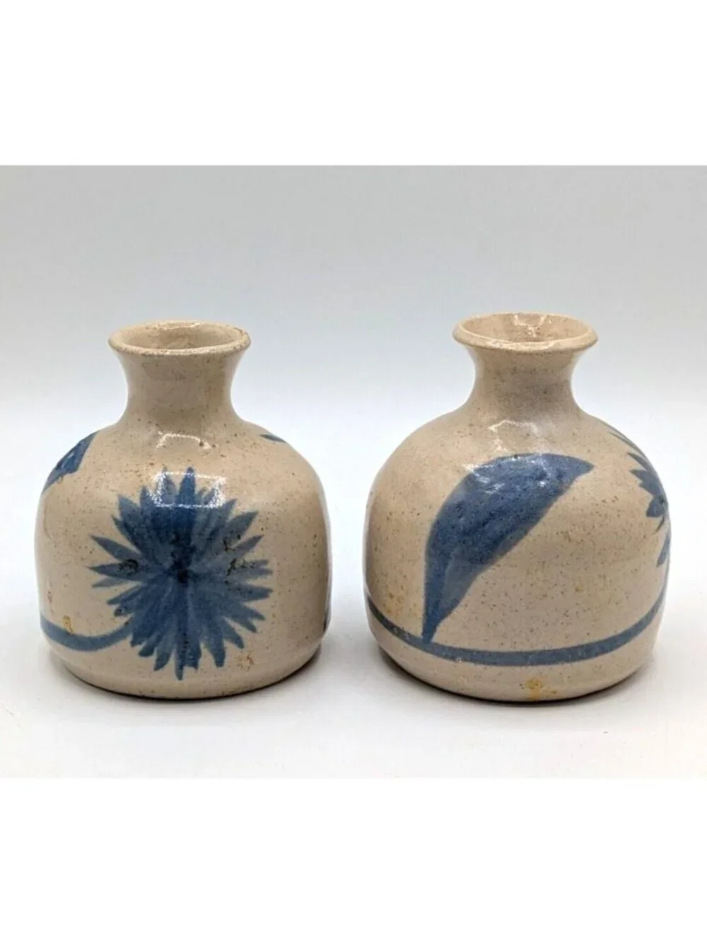 Pair Studio Art Pottery Bud Vase Blue Floral Design Signed Vintage 4